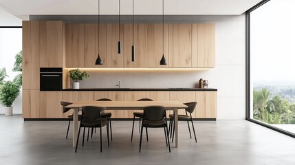 3D rendering of a modern kitchen interior in a summer vacation home featuring wooden cabinets, a dining table, and chairs near a large window with a view of a lush jungle landscape. The room is design