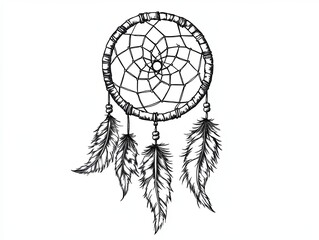 A hand-drawn black and white illustration of a dreamcatcher with feathers.