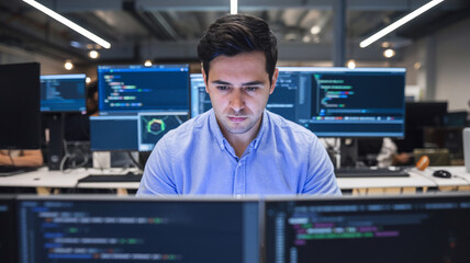 Focused programmer working on computer software at modern office with multiple screens displaying code and data.