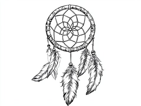 A hand-drawn illustration of a dreamcatcher with feathers.