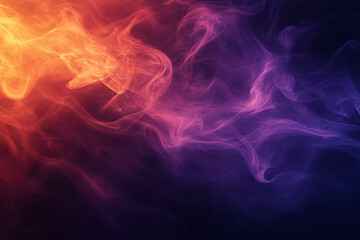 Fototapeta premium An abstract background with a deep black base, highlighted with swirling orange and purple smoke, and faint ghostly silhouettes drifting through, vibrant colors and smooth gradients tones.