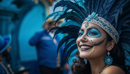 African woman with makeup and feathers on her head at night party concept carnival