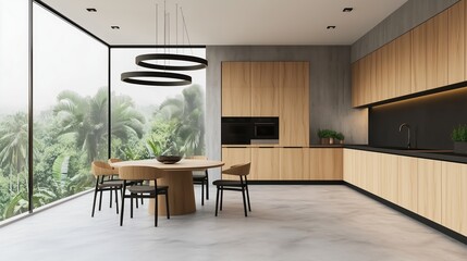 3D rendering of a modern kitchen interior in a summer vacation home featuring wooden cabinets, a dining table, and chairs near a large window with a view of a lush jungle landscape. The room is design