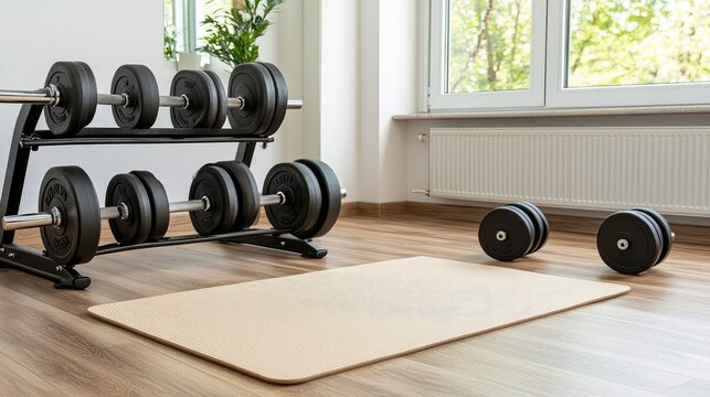 A spacious, minimalistic room showcases a light yoga mat set against a backdrop of gym equipment and a large window, inviting wellness and fitness sessions