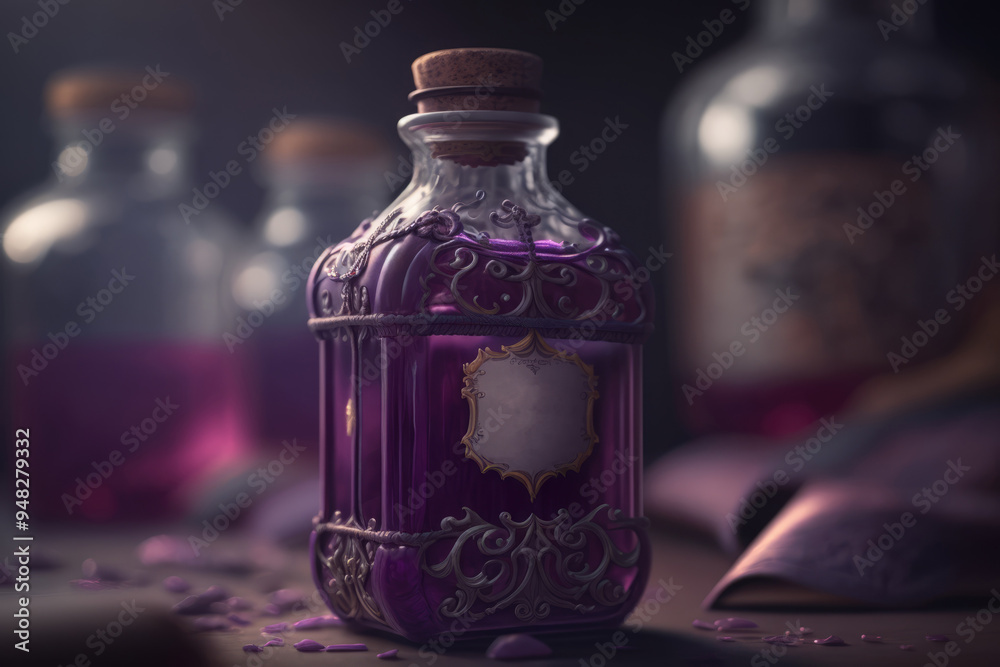 Wall mural glass bottle with purple liquid. magical alchemy potion