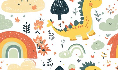 Fototapeta premium Seamless pattern with cute cartoon dinosaur, rainbow, cloud, tree and flowers on white background.