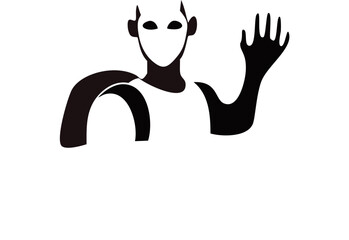 Obraz premium Hand-drawn vector illustration of a silhouette of a person, humanoid, android or robot in black on a transparent background, character waving hello or goodbye, with a backpack, monochrome image