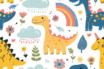 Obraz premium Seamless pattern with dinosaurs, rainbows, clouds, flowers, and hearts on a white background.