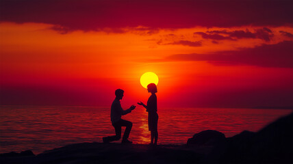 プロポーズの瞬間と夕焼けのビーチ