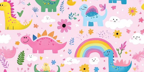 Seamless pattern featuring cartoon dinosaurs, rainbows, flowers, and clouds on a pink background.