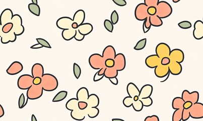 Fototapeta premium A seamless pattern of hand-drawn flowers in shades of yellow, orange, and pink on a white background.