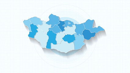Blue Map of Mongolia, Mongolia map with borders of the states, country high detailed illustration map.