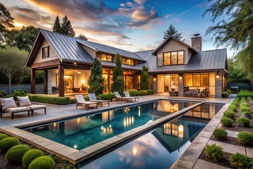 Rustic chic meets luxury in this modern farmhouse featuring a stunning central pool surrounded by lush greenery and sleek outdoor living spaces.