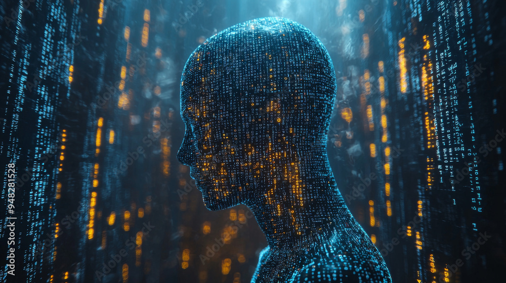 Wall mural human head silhouette with code data. 3d rendering