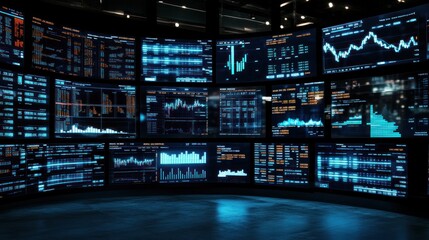 Wall of Monitors Showing Data Charts and Graphs