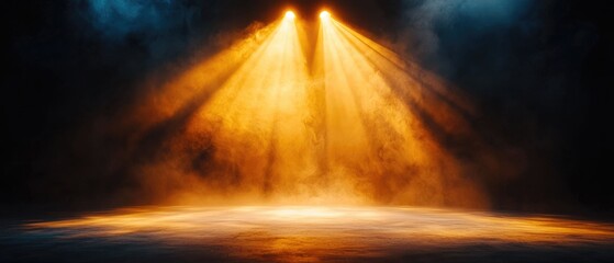 Minimalist stage with a single spotlight, warm golden tones, soft shadows, elegant and sophisticated ambiance