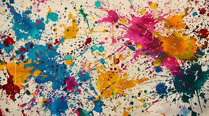 A pristine canvas drenched in vibrant paint splatters, where colors blend and clash, forming an energetic and imaginative abstract scene.