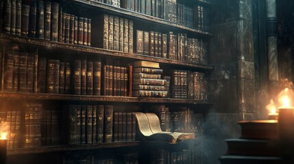 Mystical Ancient Library: Dusty Leatherbound Tomes on Bookshelves Bathed in Soft Ambient Light