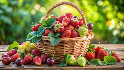 Vibrant strawberries and juicy grapes overflow from a rustic wicker basket, surrounded by lush greenery, against a soft, creamy background, evoking warmth and natural elegance.