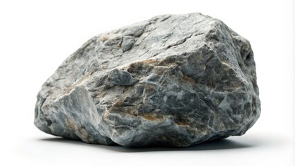 A solitary, rugged grey rock with visible textures and edges stands alone against a clean, pure white background, conveying a sense of simplicity and isolation.