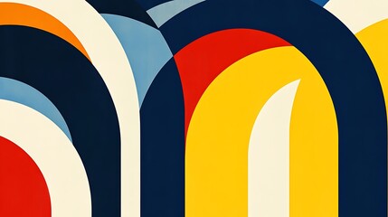 Obraz premium Abstract Curved Pattern of Red, Yellow, Blue, and White Arcs