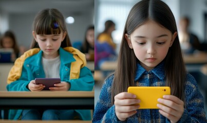 Diverse Students Using Smartphones in Classroom: Modern Education and Digital Learning Concept. Multicultural Children Engaging with Technology during Break Time, Showcasing School Life and Cultural I