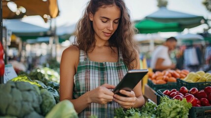 Young Woman Uses Tablet at Farmers Market