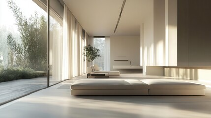 A modern home interior design showing a clean, spacious and open living room with large windows and minimalist furniture