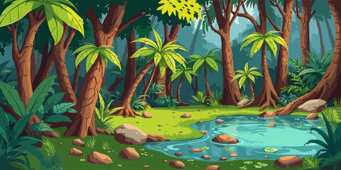 Jungle forest with trees and pond cartoon background, illustration of tropical landscape. Seamless nature jungle cartoon wildlife and green palette landscape background vector illustration © Sakib
