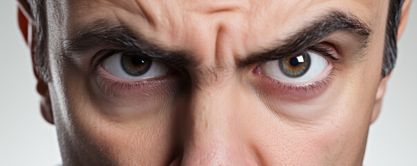 Close-up of an expressive man demonstrating intense emotions with furrowed brows and piercing gaze against a neutral background