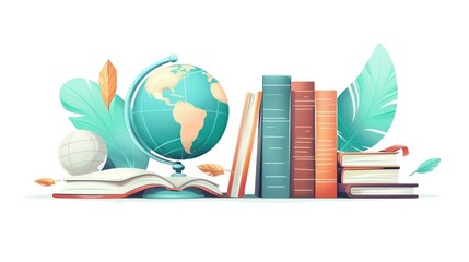 Colorful illustrated globe and book collection with tropical leaves on white background.