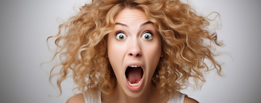 A surprised woman with curly hair expresses shock and amazement in a studio setting during daytime