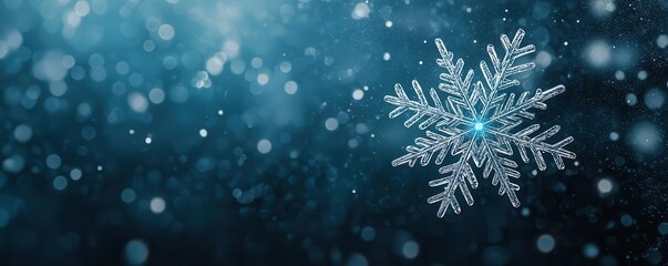 A microscopic view of snowflakes with intricate patterns, glowing under a neon blue holographic light, in a detailed, photorealistic style