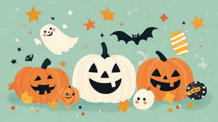 Cute Halloween card featuring playful pumpkins and candy, on a light pastel green backdrop with stars and ghosts.