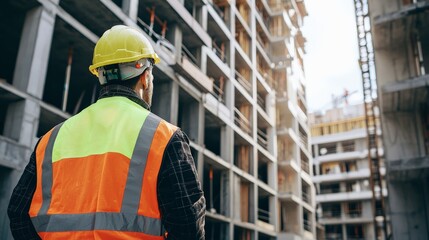 A construction worker in safety gear, inspecting a building under construction