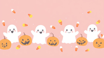 Naklejka premium Adorable pastel Halloween card with friendly ghosts and pumpkins, surrounded by candy corn, on a soft pastel pink background.