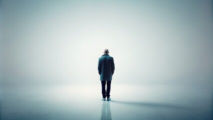 Obraz premium A solitary figure stands with back turned, shrouded in mystery, against a pristine white backdrop, evoking emotions of contemplation, isolation, and introspection.