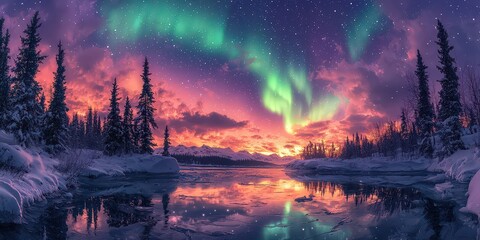 Fototapeta premium A panoramic view of the Northern Lights over an Alaskan landscape, with vibrant green and purple lights dancing in the sky above snow-covered trees 