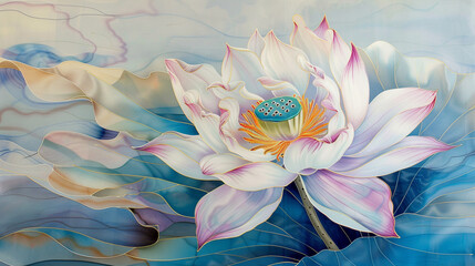 A silk painting of a lotus flower, with soft, flowing colors and intricate patterns resembling traditional Asian art.