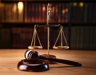 A gavel resting on a balance scale.