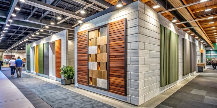Modern fiber cement siding designs and cutting-edge technology on display at a bustling building materials trade show, showcasing innovative textures, colors, and sustainability features.