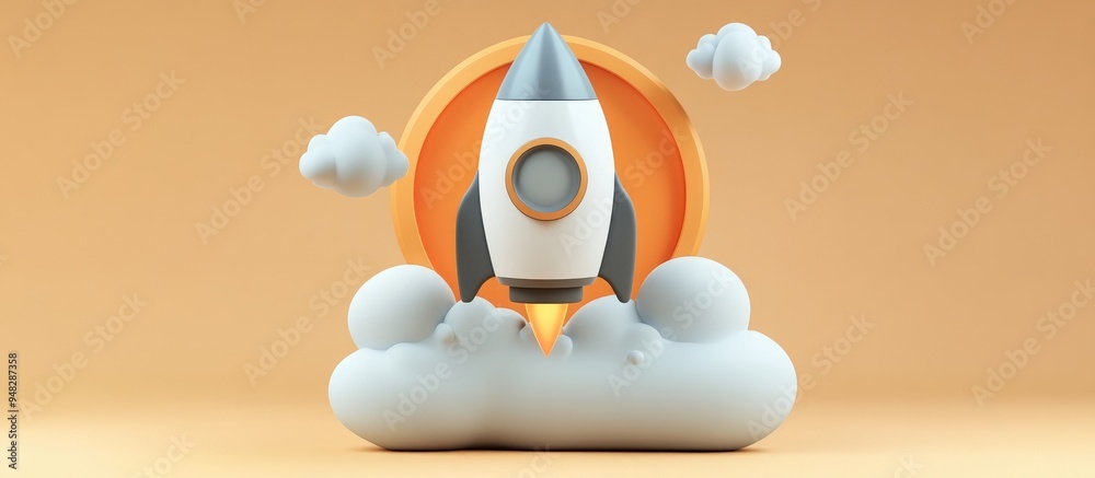 Poster 3D cartoon illustration featuring a gray rocket and a white cloud designed as a circular icon in a flat style representing the concept of launching a new business or project as well as themes of e