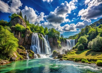 Fototapeta premium Magnificent waterfall cascades down a rugged mountain slope, surrounded by lush green trees and a serene river, set against a brilliant blue sky with fluffy clouds.