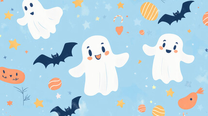 Adorable pastel Halloween card with friendly ghosts and bats, surrounded by stars and candy, on a soft pastel blue background.