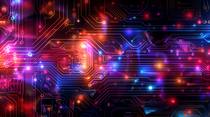 Futuristic Neon Circuit Board with Glowing Lights and Digital Aesthetic  
