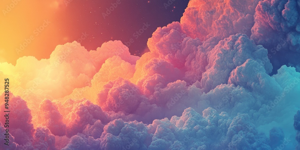 Poster Colored clouds illuminated by varying color temperatures in a 3D cartoon rendering resembling a fragment of deep space captured by a telescope