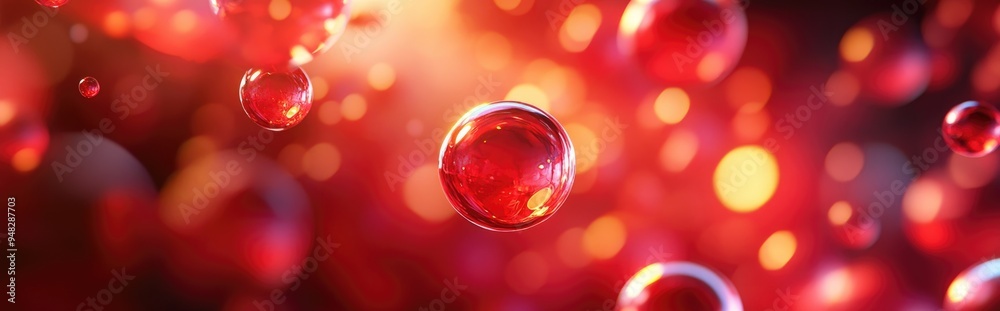 Poster Red blurred glowing circles in a 3D cartoon rendering An abstract illustration featuring shiny lights and blurred neon round objects creating a background with gleaming flares