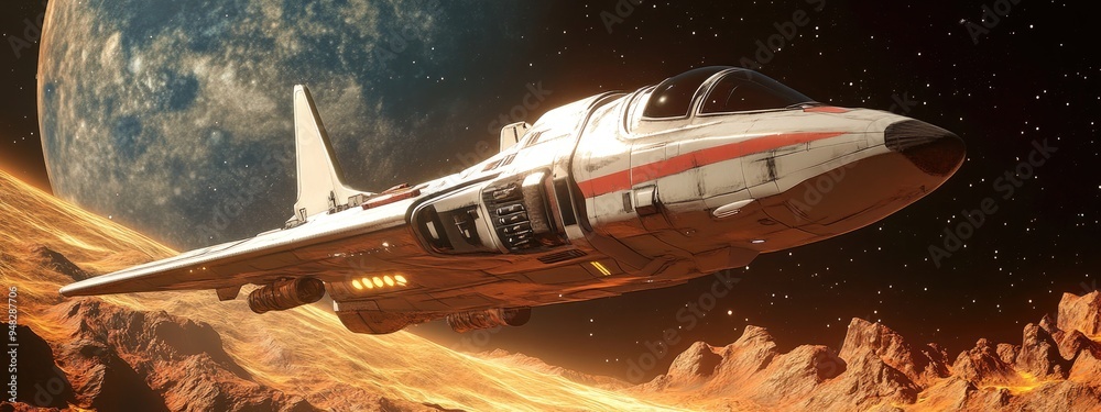 Aufkleber the space ship on a planet background rendered in 3d cartoon style
