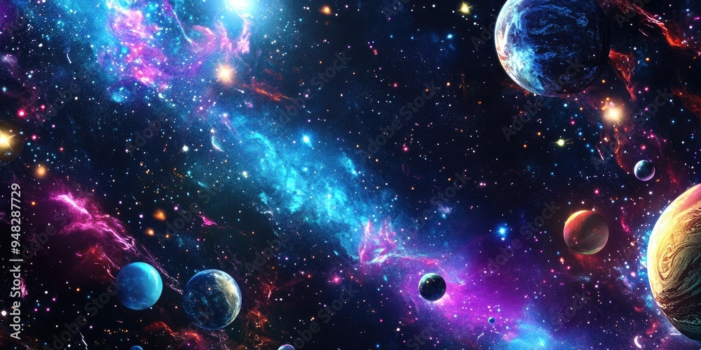 Aufkleber 2D illustration in a vibrant 3D cartoon rendering featuring a deep interstellar space background with bright flashing stars planets moons and comets showcasing various creative science fiction bac