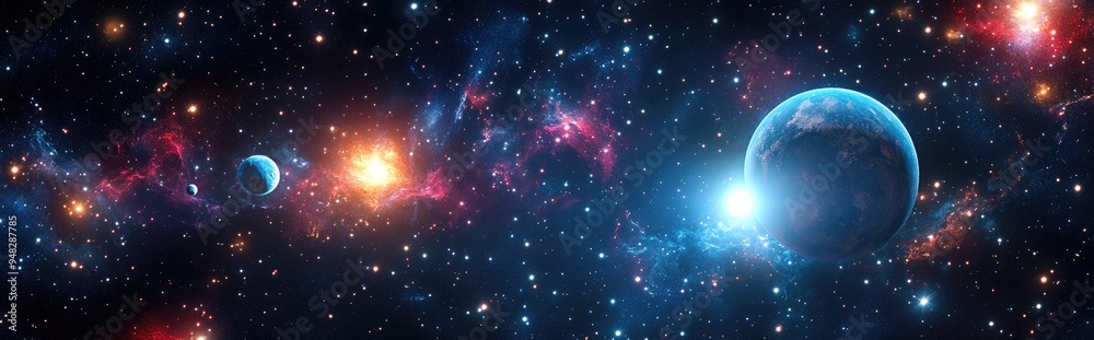 Canvas Prints 2d illustration featuring a 3d cartoon rendering of vast deep space filled with bright stars planets